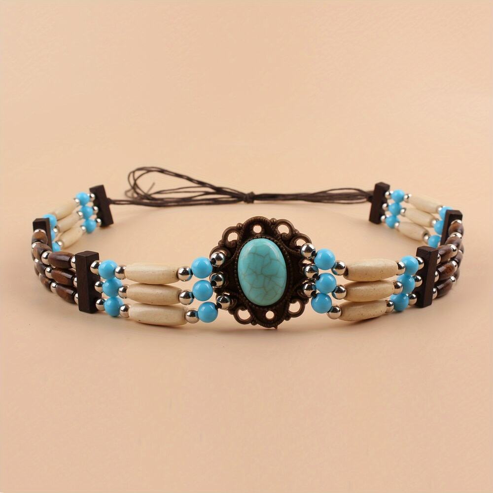 Beaded Turquoise Hat Band Brown Chain Western Style Sapphires Charms Boho New